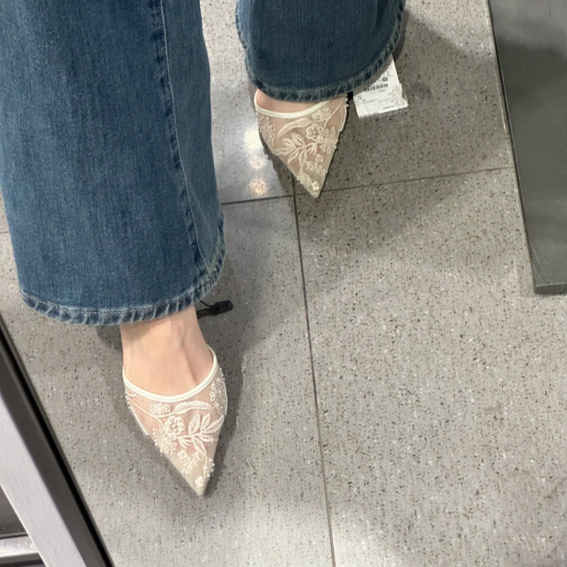 2026 Spring/Summer New Style Gentle Sandals with Cheongsam, Chinese Style Embroidery, Mesh, Pointed Toe, High Heel, Stiletto, Closed Toe