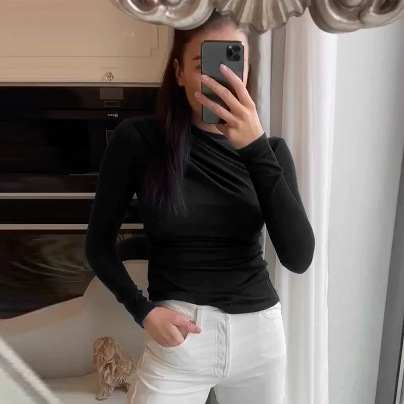 Длинный топ с длинным рукавом для женщин basic crop top, приталенный Y2K, размеры S–L, белый и чёрный