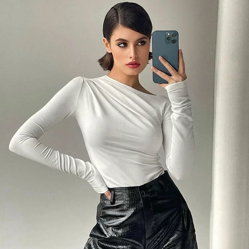 Длинный топ с длинным рукавом для женщин basic crop top, приталенный Y2K, размеры S–L, белый и чёрный