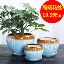 Flower pot ceramic household special clearance living room large with tray cornices breathable creative fleshy small flowerpot Green