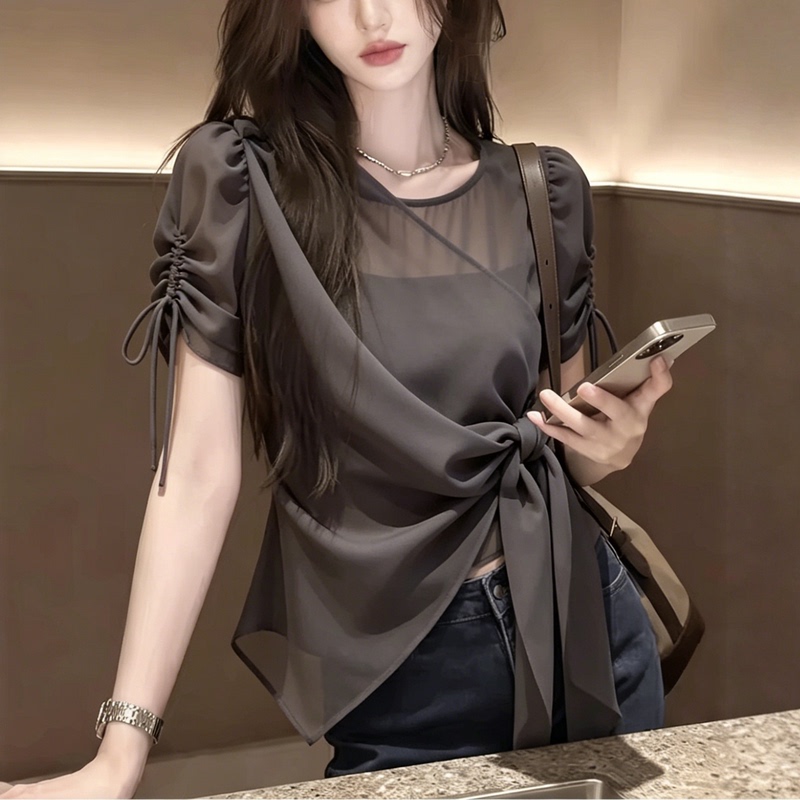 Designed V-Neck Drawstring Chiffon Shirt for Women, Summer 2026 New Style, Irregular Hem, High-End Top Designed V-Neck Drawstring Chiffon Shirt for Women, Summer 2026 New Style, Irregular Hem, High-End Top
