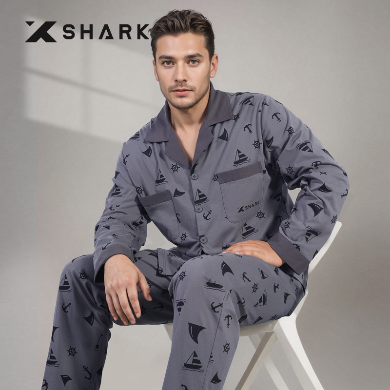 Xshark Shark Large Size Men's Pure Cotton Long-Sleeved Pajamas, Comfortable and Stylish Home Wear Set, Spring and Autumn Style, Can Be Worn Outside