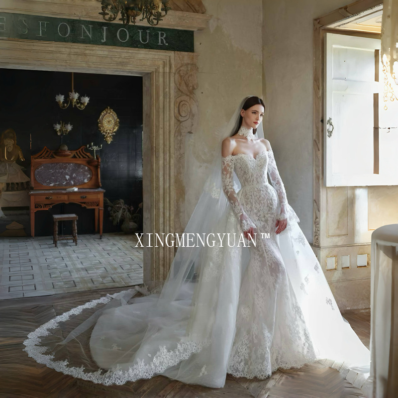 French-Style High-End Luxury Lace 2065 New Super Fairy Fishtail Main Wedding Dress Bride Off-Shoulder Trailing Veil