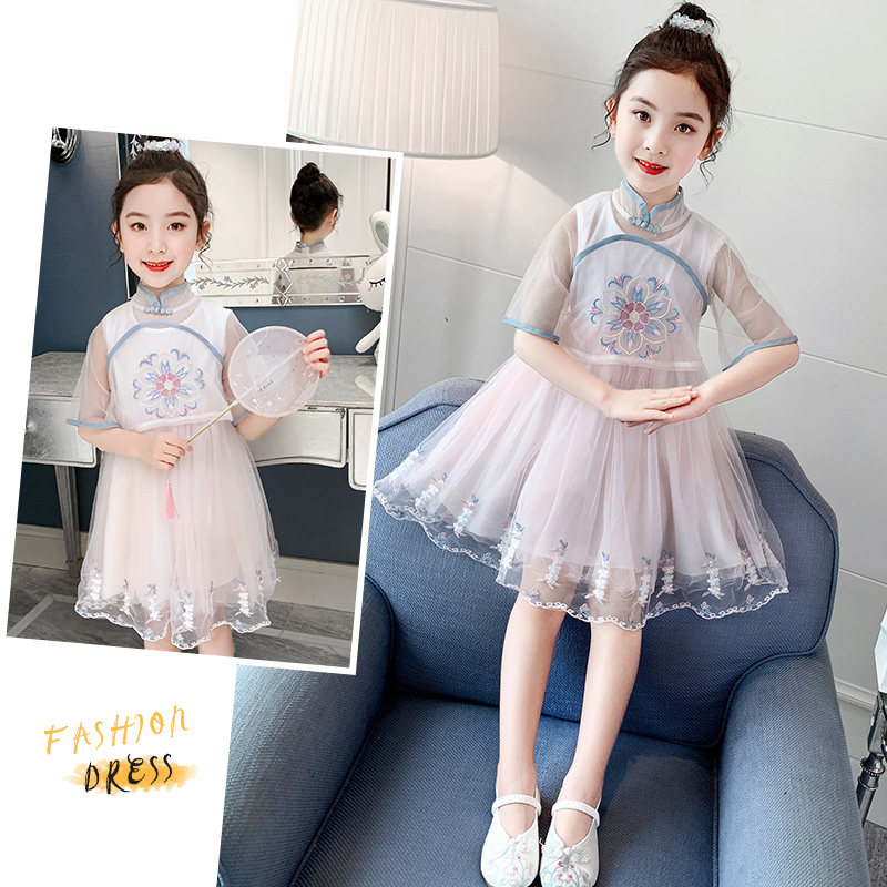 Girls Hanfu Dress Summer Dress 2020 New Children's Retro Embroidered Skirt Short Sleeve Girls Princess Mesh Skirt