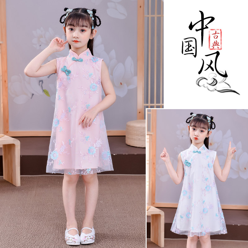 Girl Qipao Improved Version Ocean Dress Summer New Children Embroidered Hanfu Dress Retro Style Donna Dress Sleeveless Dresses