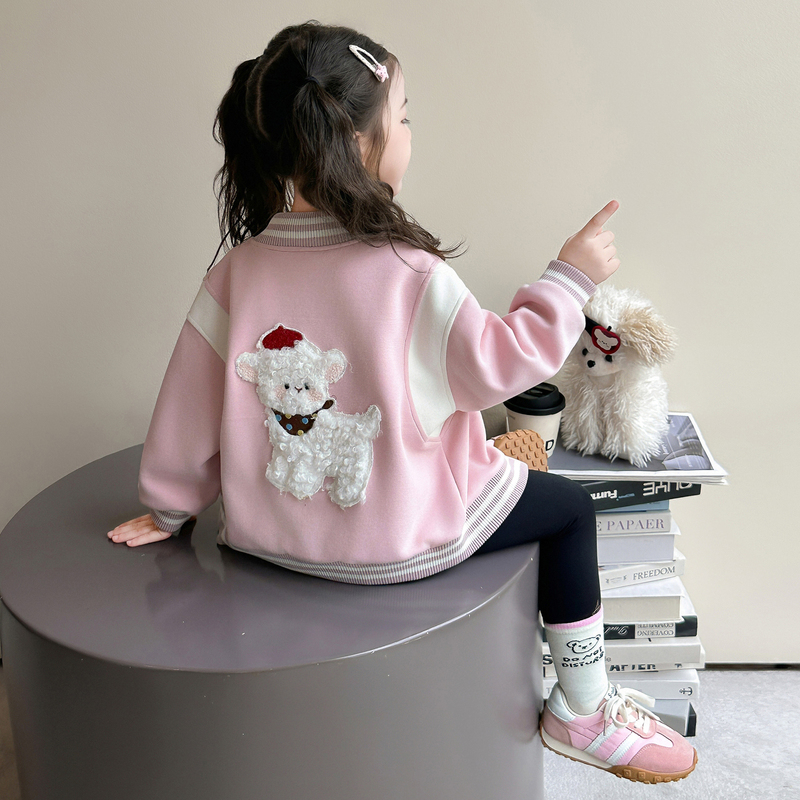 Girls' Autumn Cartoon Lamb Embroidery Baseball Jacket, Stylish Children's Autumn Baseball Jacket for Girls Girls' Autumn Cartoon Lamb Embroidery Baseball Jacket, Stylish Children's Autumn Baseball Jacket for Girls