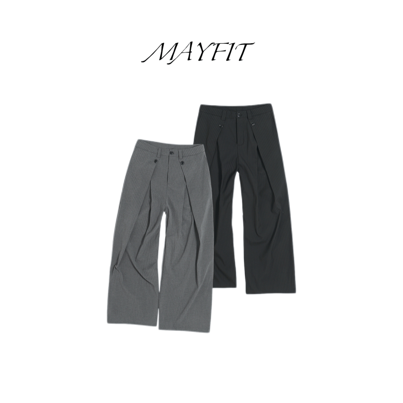 Mayfit'White Vertical Stripes' Tr Blend Vertical Striped Ruched Wide-Leg Trousers Korean Design Unisex Loose Fit