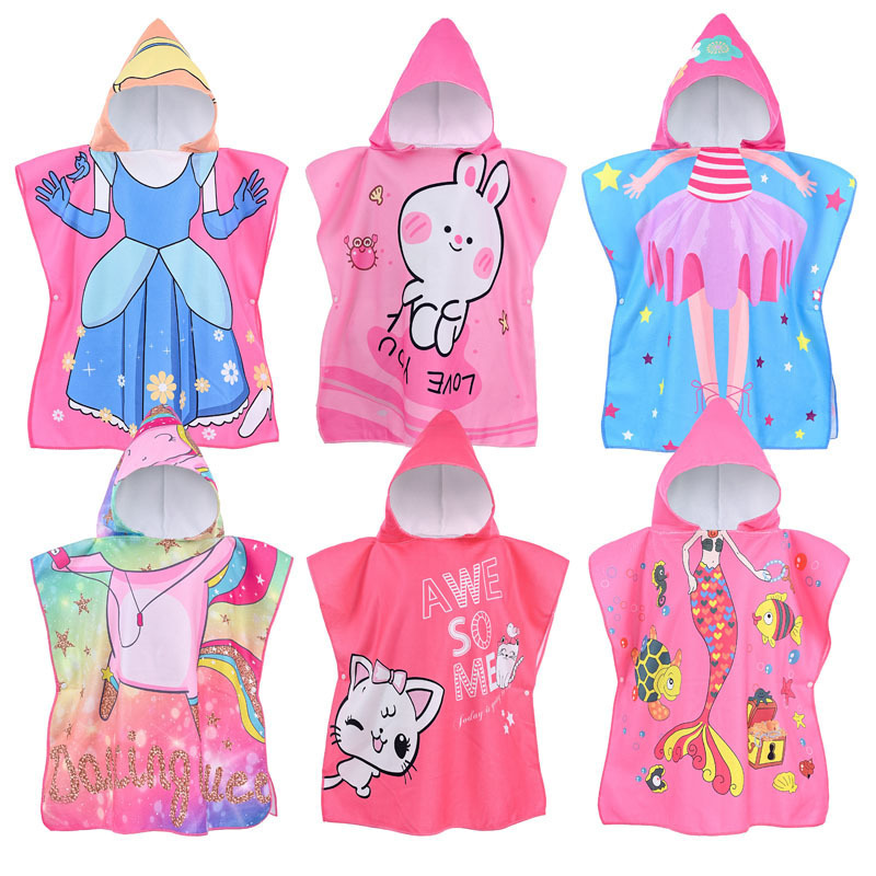 Children's Bath Towel Manufacturer Cartoon Print Baby Wearable Hooded Bathrobe Beach Swimming Windproof Quick-Drying Poncho