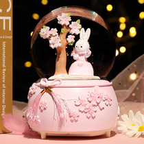 Cherry blossom rabbit girl heart crystal ball ornaments automatic rotation snow Music Box crystal ball transparent ball dream