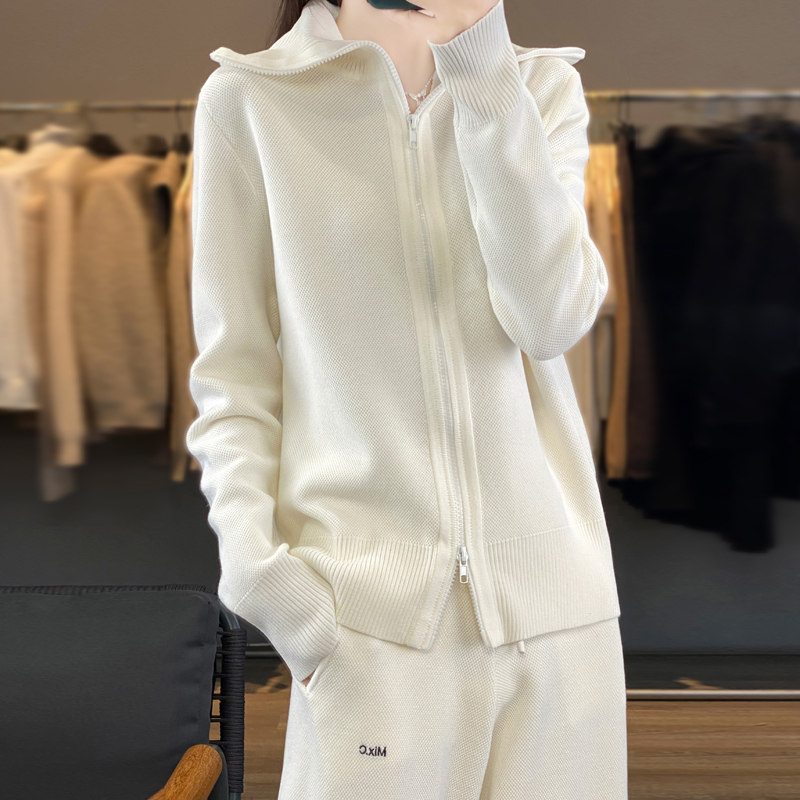 25 Spring New Casual Sports Suit for Women with Turn-Down Collar Knitted Zipper Jacket and Casual Loose Knitted Wide-Leg Pants