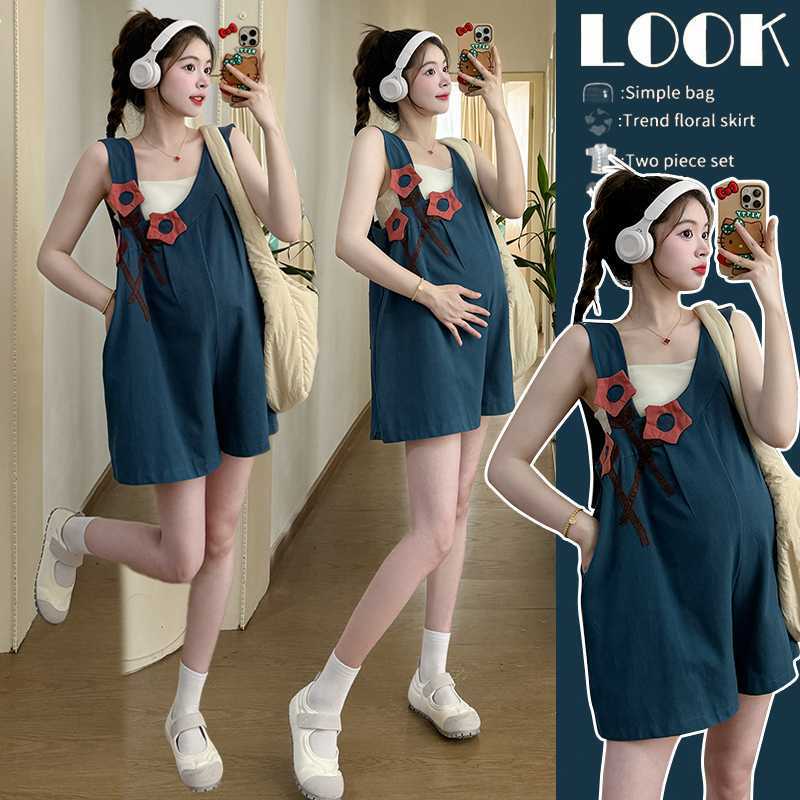 Real Shot of Pregnant Women's Summer Sweet Artistic Painting Overalls Shorts Suspender Set Real Shot of Pregnant Women's Summer Sweet Artistic Painting Overalls Shorts Suspender Set