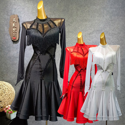 Latin Dance Dresses Latin Skirt Female Adult Long Sleeve tassel Dress Dance Performance Costume Examination Clothing