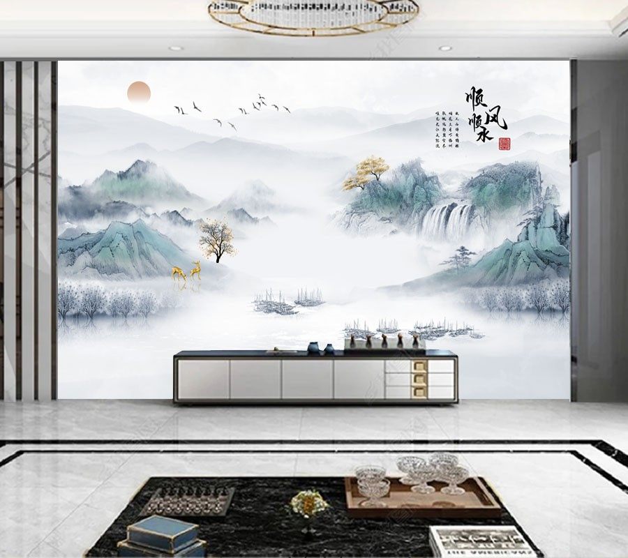 5D TV background wall paper Chinese ink landscape book house living-room bedroom wallpaper 8D seamless fresco film and film wall cloth