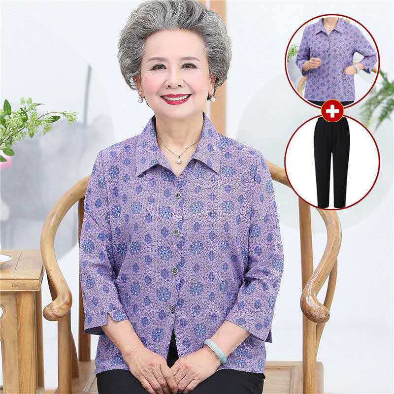 Middle-Aged and Elderly Grandma's Chiffon Shirt, Old Lady's Lapel Shirt, Mother-In-Law's New Spring & Fall Clothing, Mother's Clothing Top