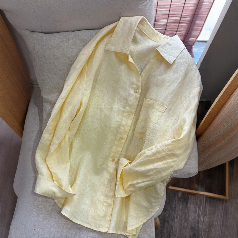 Korean Style Gentle Creamy Yellow Cotton and Linen Shirt for Women, Summer Thin Commuter Casual High-Neck Long-Sleeved Loose Cardigan Top