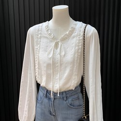 French-Style Lace Collar White Shirt for Women, Spring and Autumn, Unique and Gentle Long-Sleeved Shirt with Ruffled Edges, Inner Layer Top