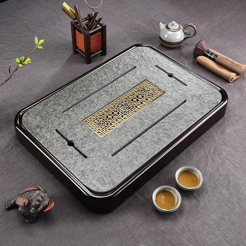 Tea tray household dry foam storage water type ebony black stone modern light luxury high-end small stone drain tray