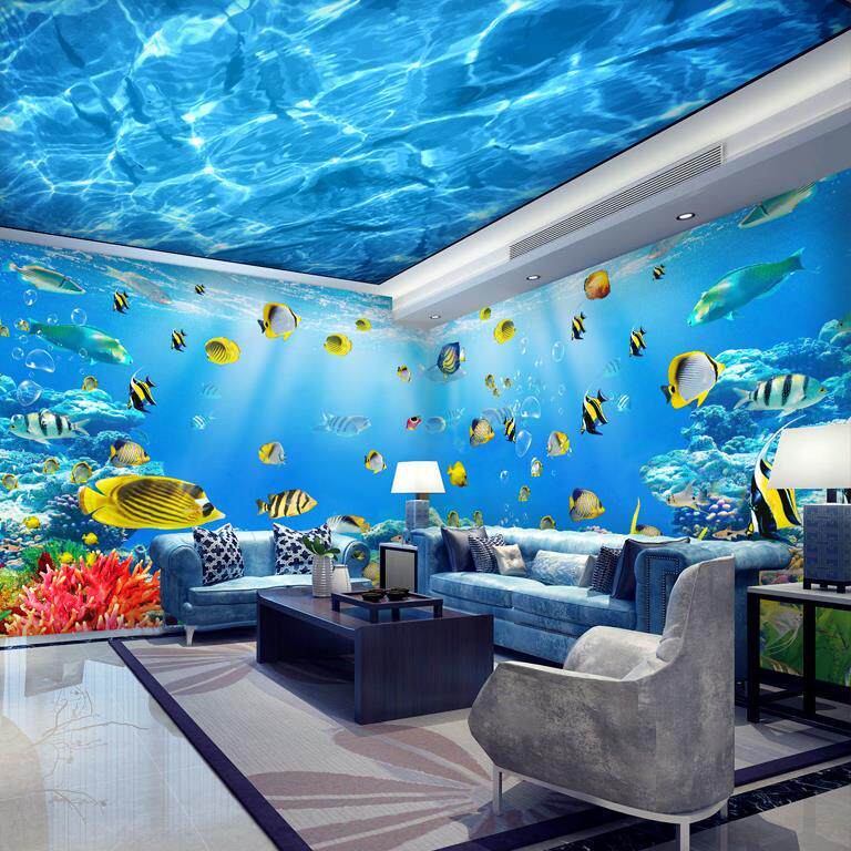 Underwater world cartoon background bamboo and wood fiber baby swimming pool theme marine children's room wall panel highlight painting