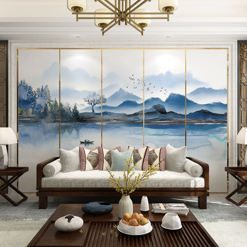 Chinese-style custom TV background bamboo and wood fiber living room sofa study background wall integrated board ink high-gloss painting