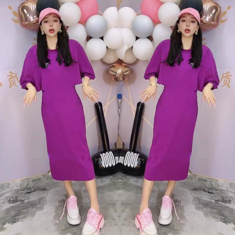 European station French lantern sleeve dress 2022 summer new triangle standard waist slit temperament mid-length skirt women