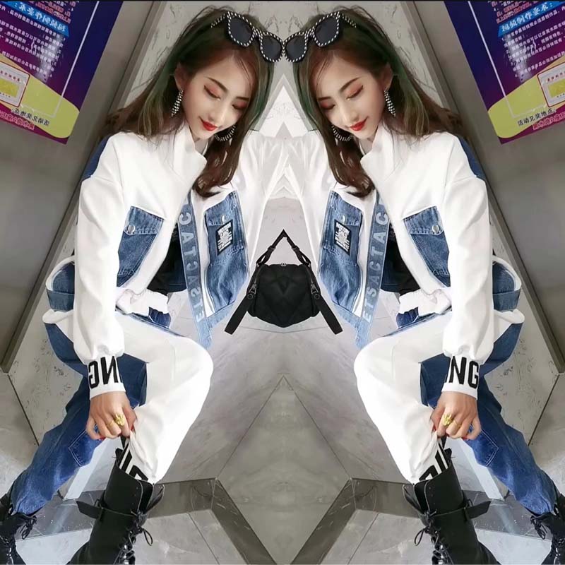 Casual suit female 2022 spring and autumn new long-sleeved stitching denim slim fit cardigan stand-up collar commuter temperament