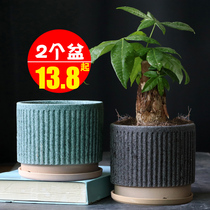 Flower pot ceramic large number clear cabin special price butterfly Lan individuality coarse pottery and breathable household green loo multimeat flower pot with tray