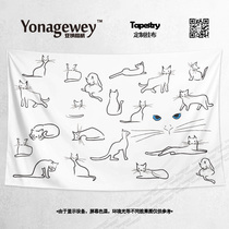 Hand-painted black and white cute kitty stick figure dormitory bedroom bed decorative painting background wall cloth poster blanket hanging cloth