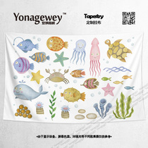 Simple and fresh hand-painted undersea creatures Tiger childrens room kindergarten decorative painting background wall cloth poster hanging cloth