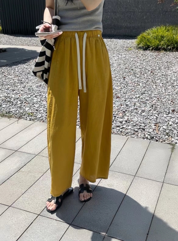 Qianbeisi Fiber Bass Linen Balloon Pants 2025 Summer New Nine-Point Pants Straight Wide Leg Pants Qbs561