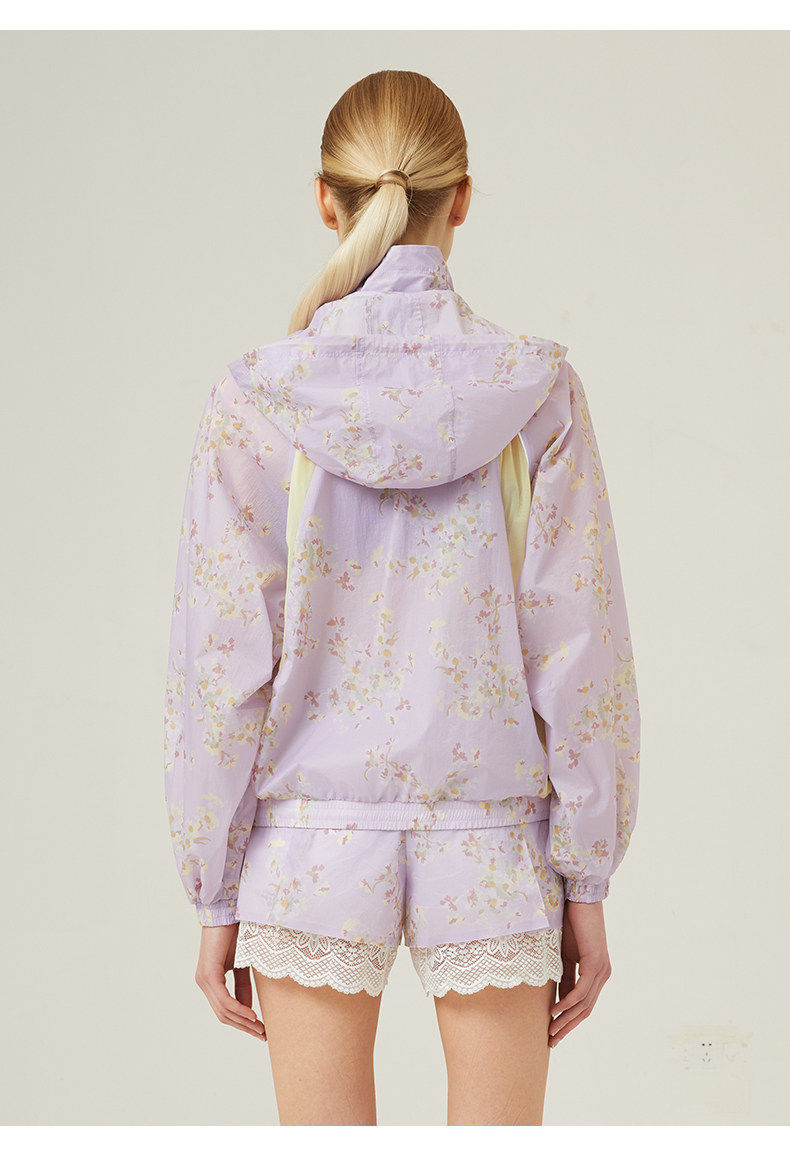 Куртка для йоги anna sui安娜苏运动 拼接印花抗uv50+花园防晒服透气带帽女长袖