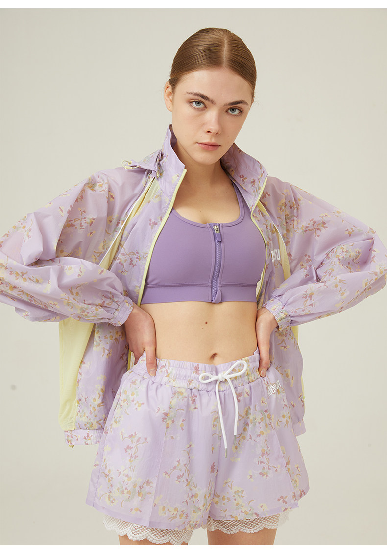 Куртка для йоги anna sui安娜苏运动 拼接印花抗uv50+花园防晒服透气带帽女长袖