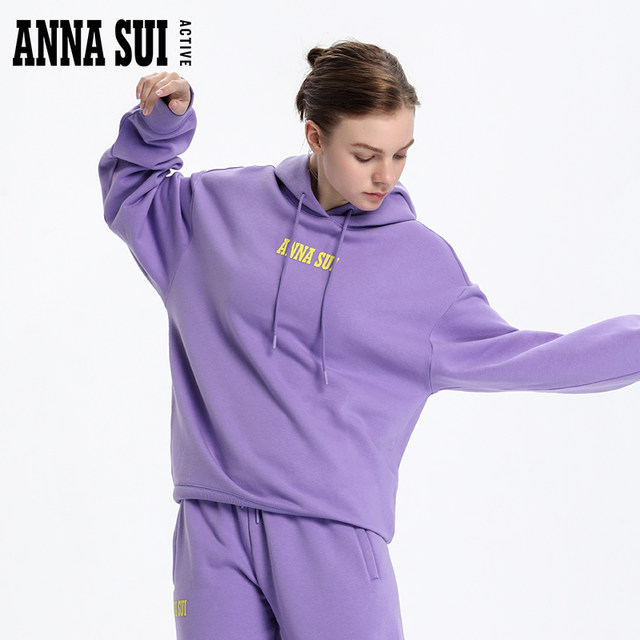 ANNASUI Anna Sui ຄລາສິກໂລໂກ້ສີມ່ວງ hooded sweatshirt thickened brushed loose top ສໍາລັບແມ່ຍິງ