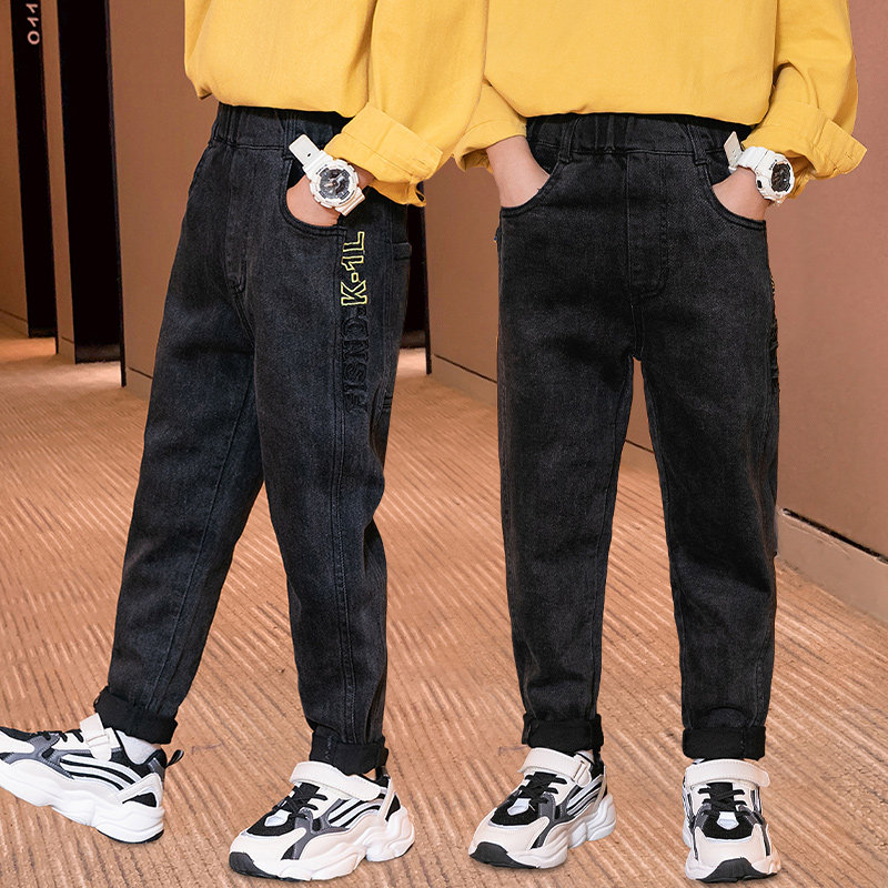 Boys' pants Spring and autumn children's jeans outside wear thin single pants boys warm winter pants male big boys long pants plus fleece