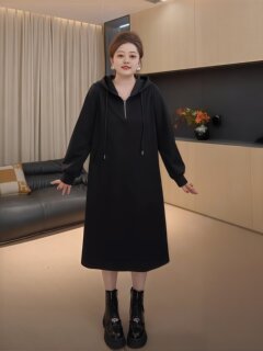 Jiajia plus size women's black hooded loose casual sweater skirt women's autumn fat mm covering flesh huge slim dress