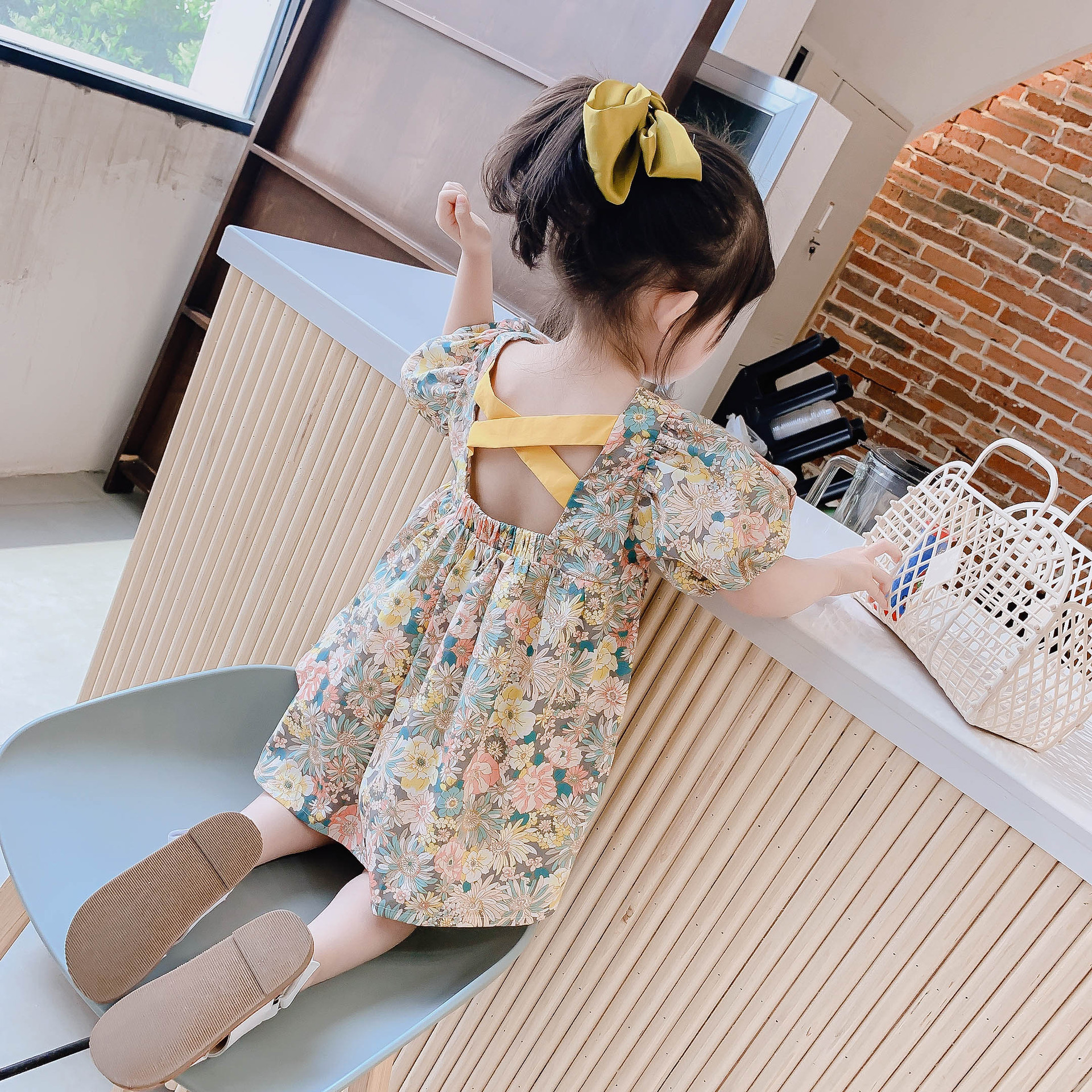 Korean Girl Gown Dress Children Dew Back Foreign Dress 2022 New Summer Little Frescoed Korean Version Female Baby Princess Dress