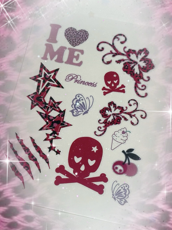 Driftingmoon “Punk Crush” Leopard Print Hibiscus Skull Punk Hottie Shiny Tattoo Sticker