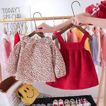 Girls autumn and winter foreign air suit plus suede female baby crushed flower skirt Two sets thickened infant 1234-year-old coat wave