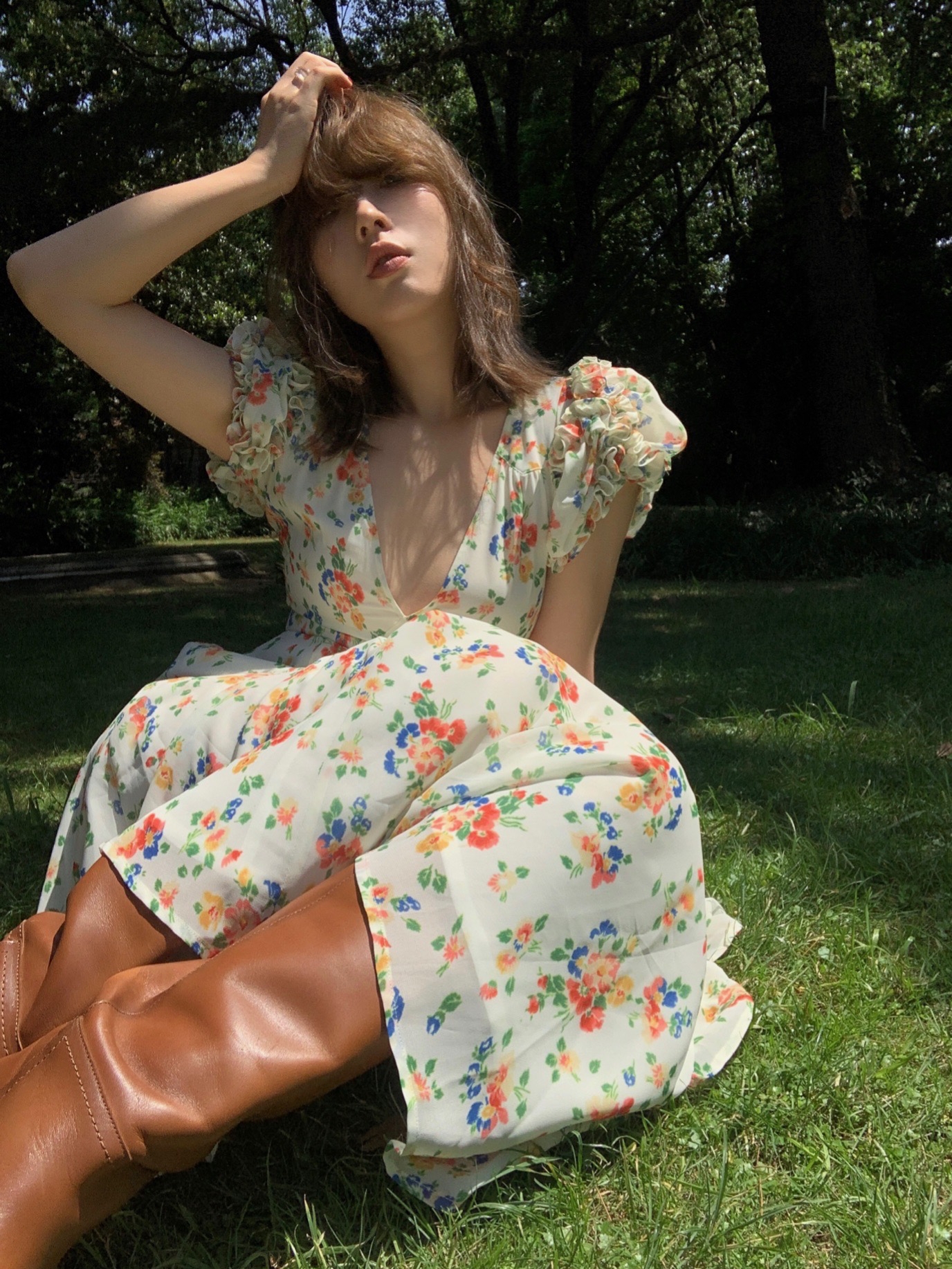 FFU French floral dress women's new summer V-neck heavy industry niche mid-length sexy long skirt QZ