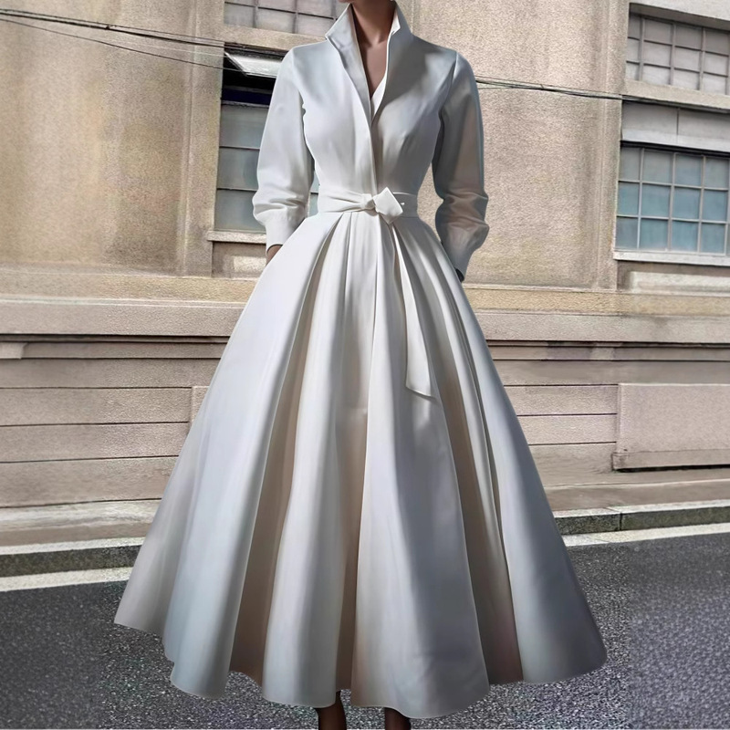 French Retro Stand-Up Collar Lace-Up Long-Sleeved Dress for Women 2024 Winter New Style High-End Elegant Elastic Waist Evening Dress