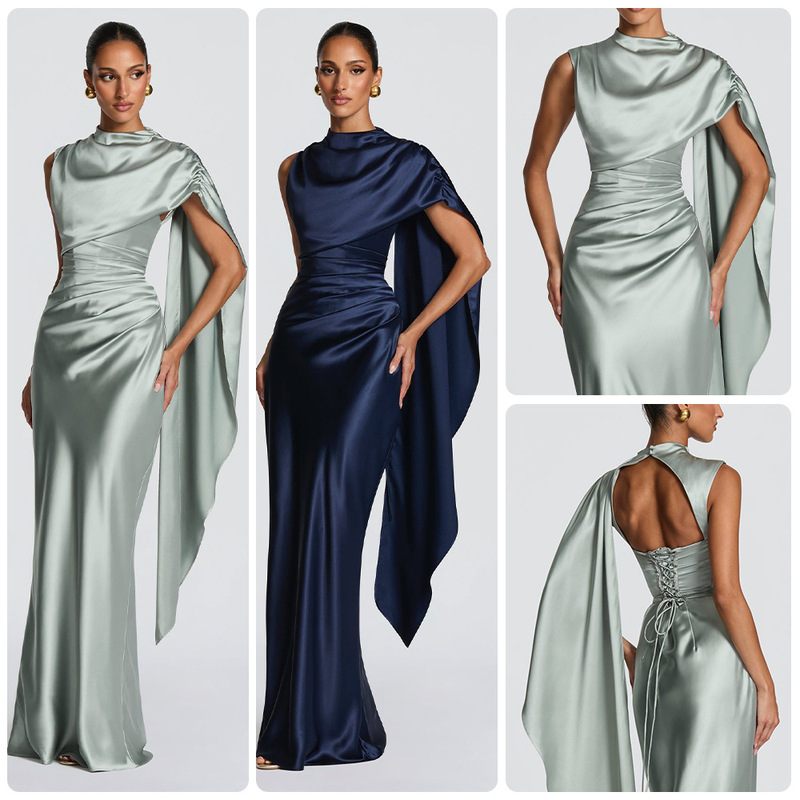 European and American 2026 New Style Light Luxury Satin Dress with Stacked Collar Design and Single-Sided Ribbon Decoration, Sleeveless Gown European and American 2026 New Style Light Luxury Satin Dress with Stacked Collar Design and Single-Sided Ribbon Decoration, Sleeveless Gown