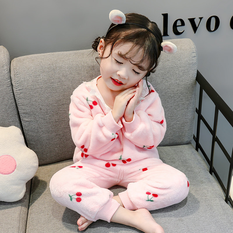 Girls spring and autumn pajamas flannel children's autumn models female baby coral velvet children's princess cute home clothes autumn clothes