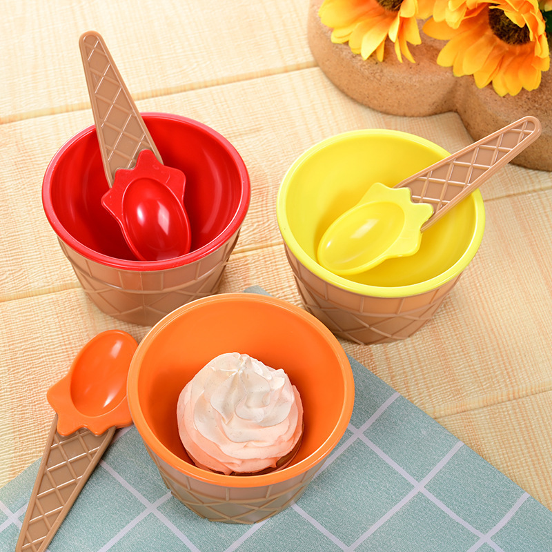 2023 New Creative Double-Layer Children's Cartoon Ice Cream Bowl Set Candy-Colored Ice Cream Spoon Bowl Tableware Set