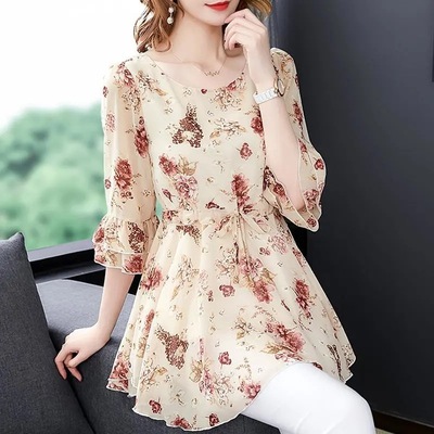 碎花短袖遮肚子收腰大码女装上衣显瘦小衫