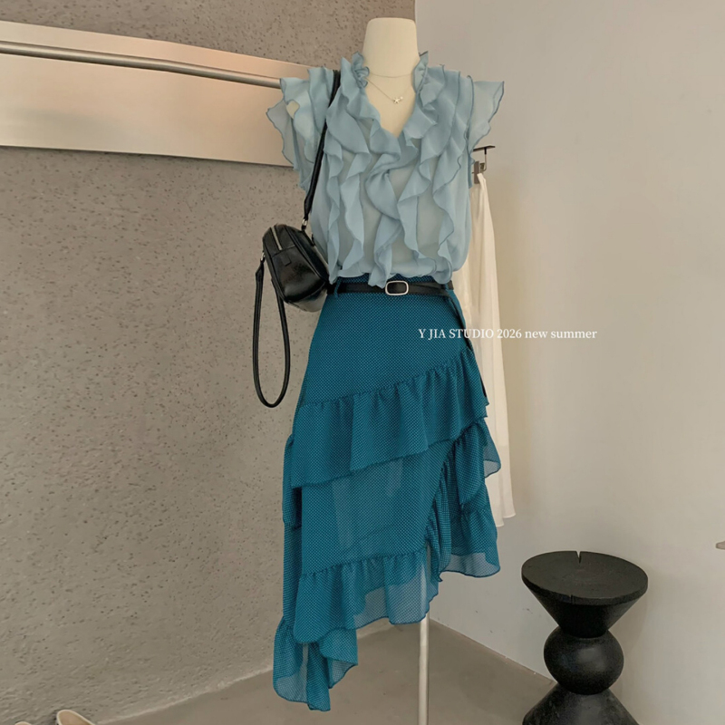 Y.Jia Summer French Ruffled V-Neck Sleeveless Top and Asymmetrical Mesh Skirt Two-Piece Suit for Women Y.Jia Summer French Ruffled V-Neck Sleeveless Top and Asymmetrical Mesh Skirt Two-Piece Suit for Women