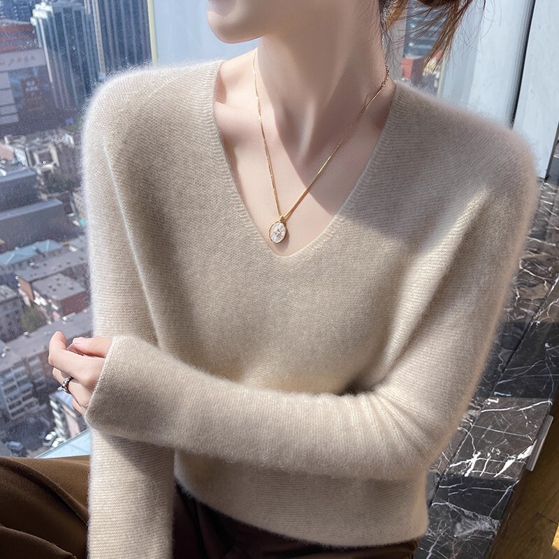 Ready-To-Wear Autumn and Winter V-Neck Wool Sweater for Women, Loose Pullover Thin Knit Cashmere Base Layer Sweater Ready-To-Wear Autumn and Winter V-Neck Wool Sweater for Women, Loose Pullover Thin Knit Cashmere Base Layer Sweater