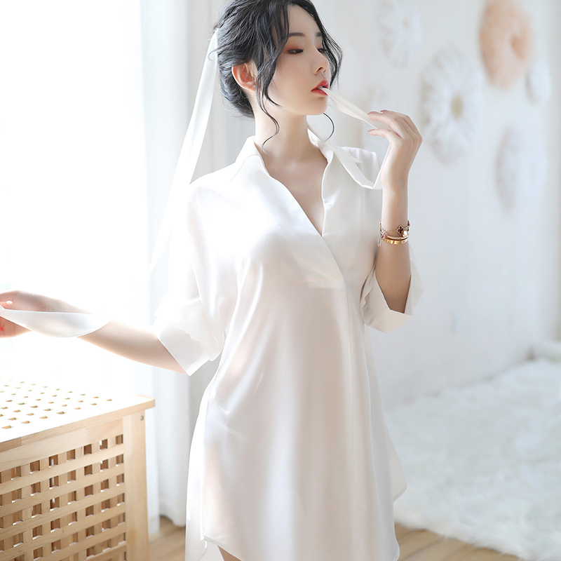 (Mulberry Silk) Sleepwear Women's Summer 2022 New Thin Models Slim Fit Real Silk Pure Desire Sexy White Shirt Sleeping Dress