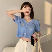 Summer new Korean version Chic hollowed-out ice silk knit cardiovert shorts high waist display slim fit short sleeve blouse womens clothing