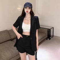 White Short Sleeve Suit Suit Woman Summer Thin temperament Western suit jacket High waist 100 Lapped Short suit Two sets