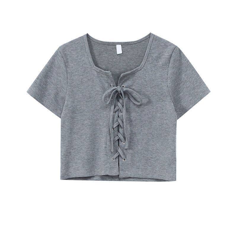 Classmate Dai short gray short-sleeved T-shirt women's slim fit and slim summer niche design square collar top