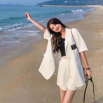 2022 Summer Net Red Short Sleeve Small West Suit Woman Loose Korean version Fashion Academy Lazy Wind Medium Long Style Suit Jacket